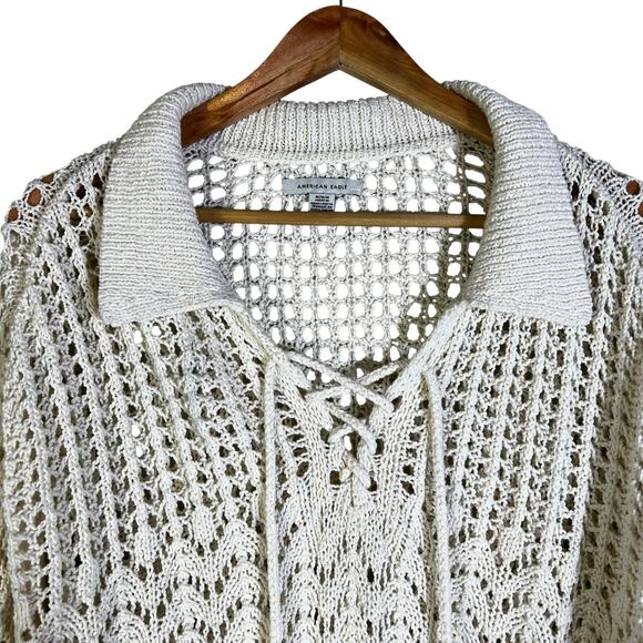 Aerie Crochet Knit Sweater Womens M Cream Lace Up V-Neck Boho Coastal Beachy - Picture 3 of 7